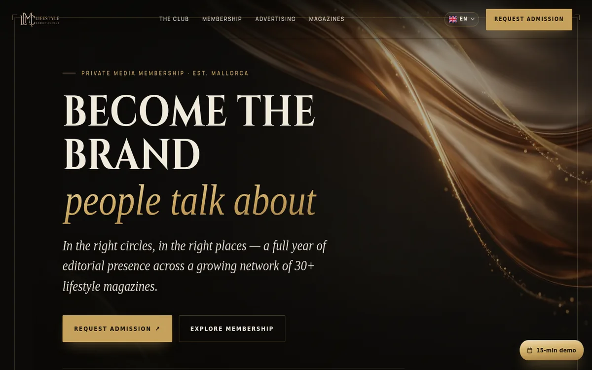 Startseite des Lifestyle Marketing Club mit dem Leitsatz Become the Brand